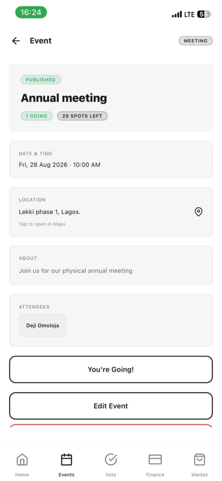 Event page with one attendee going