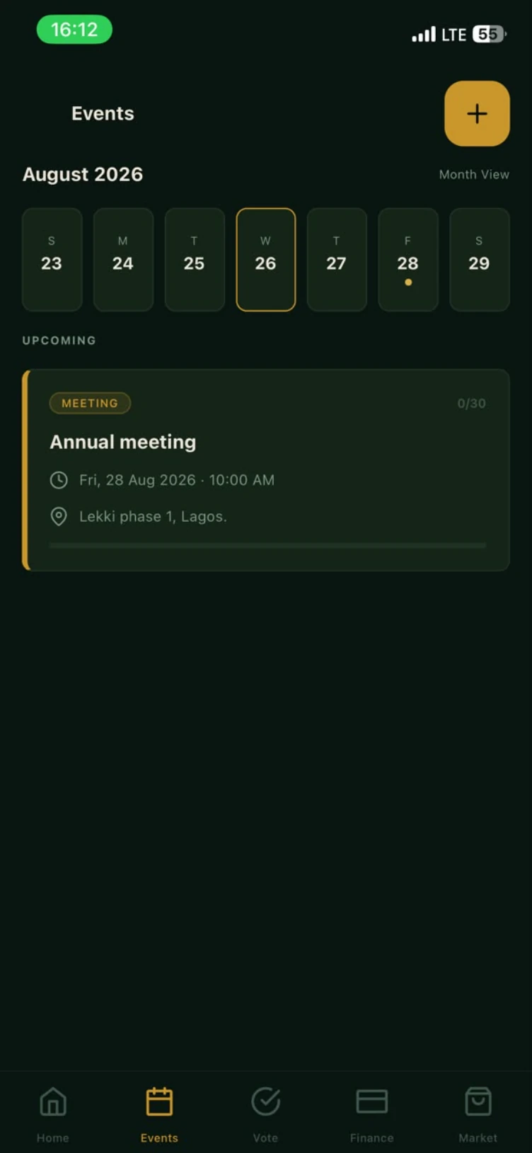 Events screen with an upcoming meeting